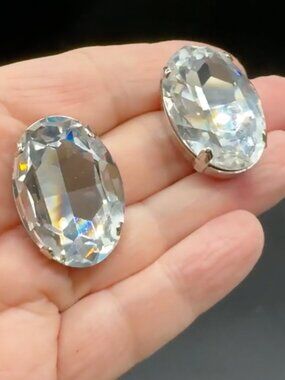 Vintage Pierced Earrings Oval Clear Stone Oversized